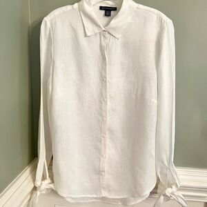 EEUC‎ Saks Fifth Avenue White Linen Button Front Shirt Top blouse Tie Cuff SMALL